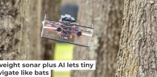 This small drone is using sonar, similar to bats’ echolocation, to navigate through a grove of trees. Nitin Sanket